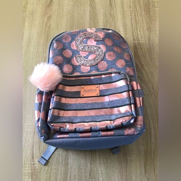 JUSTICE “Rose Gold” Pink / Gray “Distressed” Shimmer Backpack - Picture 1 of 6